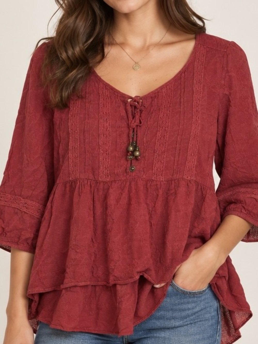 Jolt | Peasant boho tie front loose fit 3/4 sleeves blouse size medium